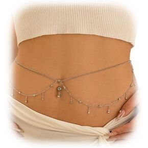 Sexy Multi-layered Crystal Waist Chain Dangle Belly Button Ring Summer Beach Rhinestone Navel Piercing Dangle Waist Chain Bikini Crystal Belly Chain Jewelry for Women