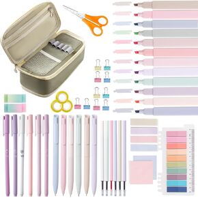 SYLCXX 50 PCS Aesthetic School Supplies with Big Capacity Pen Case,12 Pastel Highlighters, 6 Black Ink Gel Pens, 6 Color Ink Gel Pens with Refills Set,Stationary College Essentials, Purple Beige