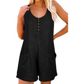 Womens Rompers for Summer, Casual Short Jumpsuits Waffle Button Down Sleeveless Tank Rompers with Pockets