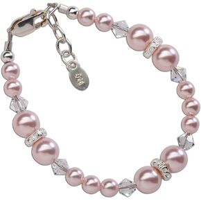 Cherished Moments Children's or Baby Sterling Silver Flower Girl Bracelet with Pink High-End Simulated Austrian Pearls for Girls