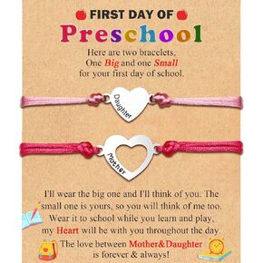 Back to School/First Day of School Bracelet Gifts, First Day of Kindergarten Preschool First/Second Grade Bracelet Gifts, Set of 2 Matching Mother and Daughter Heart Bracelets for Mom and Daughter