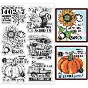 GLOBLELAND Autumn Mushrooms Clear Stamps Squirrel Sunflower Silicone Clear Stamp Seals Maple Leaf Pumpkin Transparent Stamps for DIY Scrapbooking Cards Making Photo Album Journal