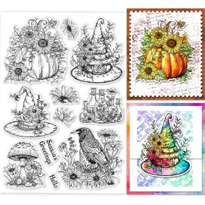 GLOBLELAND Magic Autumn Pumpkin Clear Stamps for Cards Making Thanksgiving Autumn Harvest Clear Stamp Seals 5.83x8.27 inch Transparent Stamps for DIY Scrapbooking Photo Album Journal Home Decoration