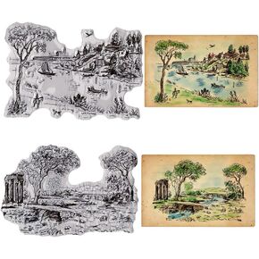 Tree Lake Clear Stamps for Card Making and Photo Album Decorations, House Bridge Boat Scenery Transparent Silicone Clear Stamps for Crafting and DIY Scrapbooking