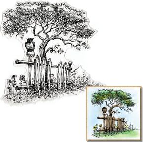 ALIBBON Tree Owl Clear Stamps for Card Making and Photo Album Decorations, Fence Grass Flower Clear Stamps Nature Scenery Transparent Silicone Rubber Stamps for Card Making and DIY Scrapbooking