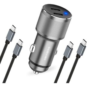 شاحن سيارة USB C مزدوج، 60 واط PD (30 واط + 30 واط) محول شحن سريع للغاية معدني متوافق مع Samsung Galaxy S22 Ultra/Plus/S21 Fe، Note 20/10، Google Pixel 6 Pro/6، iPad + 2X كابل من النوع C إلى C 3.3 قدم