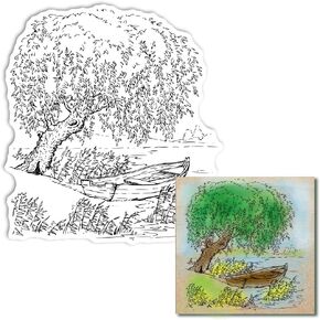 Willow Tree Clear Stamps for Card Making and Photo Album Decorations, Tree Background Clear Stamps, Spring Summer Boat Lake Transparent Silicone Rubber Stamps for Card Making and DIY Scrapbooking