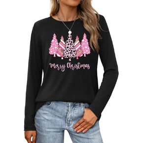 Christmas Shirts for Women: Merry Christmas Letter Print T-Shirts Xmas Tree Graphic Long Sleeve Tops