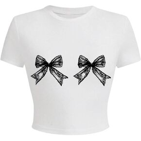 SOLY HUX Women's Y2k Graphic Tees Short Sleeve Bow Print T Shirt Crop Tops
