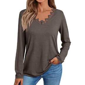 AUTOMET Long Sleeve Shirts for Women 2024 Fall Fashion Lace V Neck Loose Fit Casual Tops Trendy T Shirts Outfits Clothes