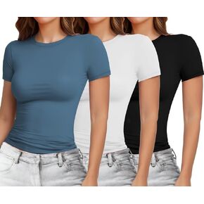 YOGINGO 3 Pack Womens Basic Short Sleeve Crew Neck T Shirt Slim Fit Tee 2024 Summer Y2k Going Out Crop Tops Tight Shirts