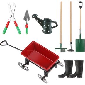 Miniature Fairy Garden Accessories Set 9 Pcs 1:12 Mini Metal Spade Pestle Kettle Wagon Rake Garden Watering Supplies Micro Landscape Ornaments Dollhouse Accessories