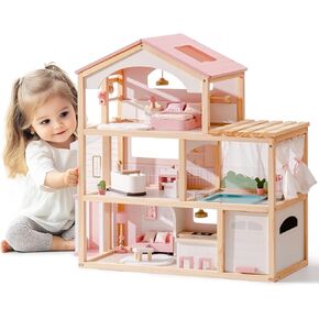 ROBOTIME Wooden Dollhouse, Doll House with 29 Pieces Furniture Set - Pool and Elevator, Wooden Doll House for 4, 5, 6-Inch Dolls, 6 Rooms Pink Dollhouse Gift for Kids Girls Ages 3+ (Pink)