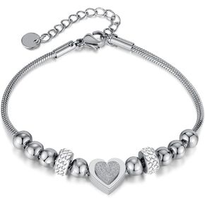 Jude Jewelers Stainless Steel Heart Charmed Beaded Adjustable Size Strand Party Wedding Statement Bracelet