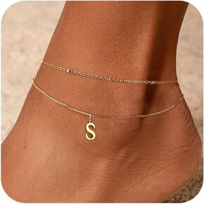 Gold Ankle Bracelets for Women, Initial Anklets for Women Waterproof 14K Gold Layered Satellite Thin Box Chain Letter Anklet Set Summer Beach Jewelry for Women