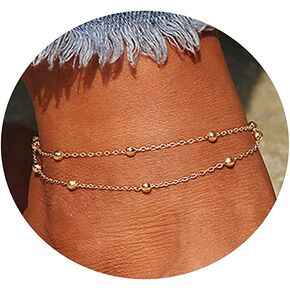 Tasiso 14K Gold Plated Layered Beaded Chain Ankle Bracelets for Women Dainty Summer Barefoot Beach Anklets Minimalist Foot Jewelry Gifts 8.5"