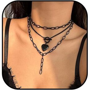 Gothic Moon Necklace Layered Black Star Necklace Punk Gothic Heart Long Necklace Halloween Necklace Multilayered Stacked Necklace for Women