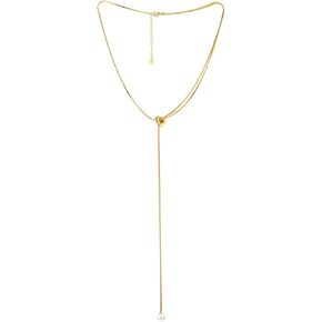 Gold Lariat Necklace, Adjustable Y-Shape Long Chain, Heart and Pearl Pendant Elegant Layering, Party