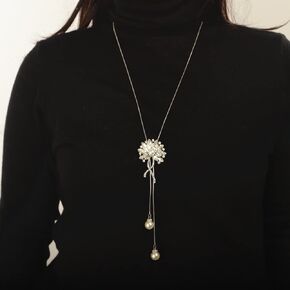 Sither Long Flower Crystal Necklace for Women Pearls Tassel Necklace Sweater Chain Y Necklace Wedding Dressy Necklace Jewelry for Winter Evening Party Christmas Gift (silver)