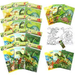 TINYMILLS Jurassic Dinosaur Coloring Book Set, 12 Books, 48 Crayons, Kids Activity Birthday Party Favors