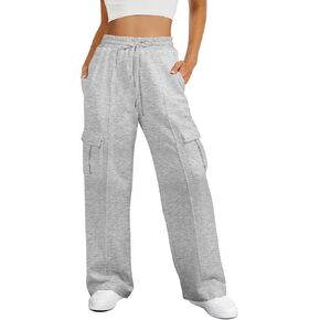 Women’s Cargo Sweatpants Fleece Lined Wide Leg Pants Drawstring High Waisted Baggy Lounge Pants with Pockets