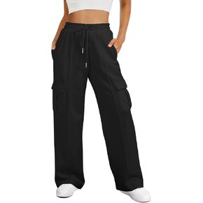 Women’s Cargo Sweatpants Fleece Lined Wide Leg Pants Drawstring High Waisted Baggy Lounge Pants with Pockets
