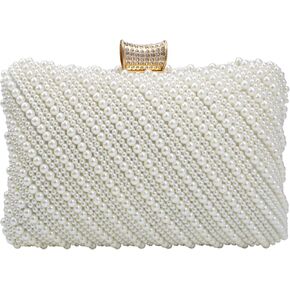 Gets Women Evening Handbag White Pearl Clutch Purses for Formal Bridal Wedding Party Clutches Small Crossbody Bag with Chain