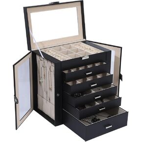 6 Layer Large Jewelry Boxes With Mirror，Multifunctional 5 Drawers Jewelry Box Organizer with 2 Glass Door for Necklace Organizing (Rose Gold)