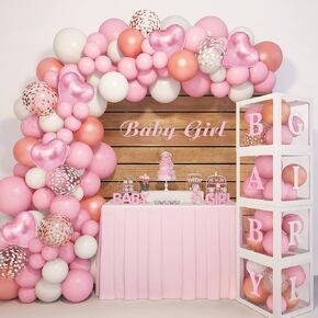 Amandir 135pcs Rose Gold Balloons Girl Baby Shower Decorations Baby Boxes, Butterfly Stickers Balloon Garland Arch Kit Baby Box with Letter (A-Z+Baby) for Wedding Bridal Birthday Party Decoration