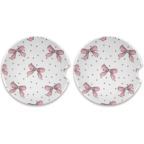 Kigai Bow Pink Round Car Coasters for Drinks Set of 2, Absorbent Ceramic Stone Car Cup Holder with Cork Base & Fingertip Grip for Easy Moving Cleaning, 2.5 Inch