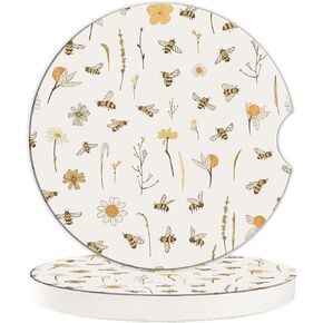 Bees Boho Florals Car Coasters, Car Coasters for Cup Holders, 2PCS Universal Anti Slip Car Accessories, 2.56in Cute Car Coasters with A Finger Notch in Saudi Arabia