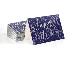 Better Office Products 50 Pack Happy Holidays Cards with Silver Foil Accents, 5" x 7", High Gloss, Interior Greeting, with 50 Envelopes, Christmas Cards, New Years Cards, 50 Count Boxed Set