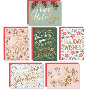 Christmas Cards Set - 24 Gold Foil Holiday Cards with Red Envelopes – 6 Assorted Designs Boxed for Easy Storage - Bulk Greeting and New Years Cards - 4.25"x5.75"