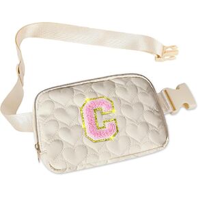 Basumee Fanny Pack for Girls Heart-quilted Letter Belt Bag Crossbody Bags with Smooth Zipper Waist Bag for Women Teen Girl Fanny Packs, Pink, A