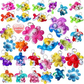 30 Packs Rainbow Octopus Turtle Fish Undersea Mini Pop Fidget Keychain Bubble Toy for Kids Birthday Summer Party Favors Gift, Small Classroom Student Prizes