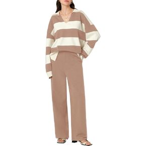 Meetjen Women's Sweater Sets 2 Piece Outfits 2024 Casual V Neck Long Sleeve Tracksuit Pullover Tops Wide Leg Sweatpants