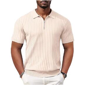 Men's Polo Shirts Short Sleeve T Shirts Ribbed Knit Zipper Polo Shirts Fashion Casual Golf Tee