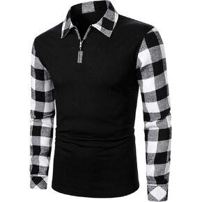 WDIRARA Men's Plaid Print Long Sleeve Zipper Closure Tennis Shirts Collared Neck Casual Golf Shirt