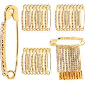 24pcs Rhinestone Safety Pins for Quilting, 1.5inch Gold Diamond Decorative Sewing Fancy Pins Curved Bling Pins Quilting Brooch Pins Curved Basting Pins for Clothes Scarf Lapel Hat Sweater