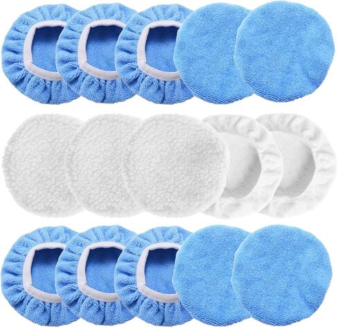 15PCS Car Polisher Pad Bonnets, 5 to 6 Inch Soft Polishing Bonnets Buffing Pads, Car Wax Cover Kit for Car Orbital Buffer Polisher, 10 Microfiber Bonnets + 5 Woollen Polishing Pad Covers (5-6 Inches) in Saudi Arabia