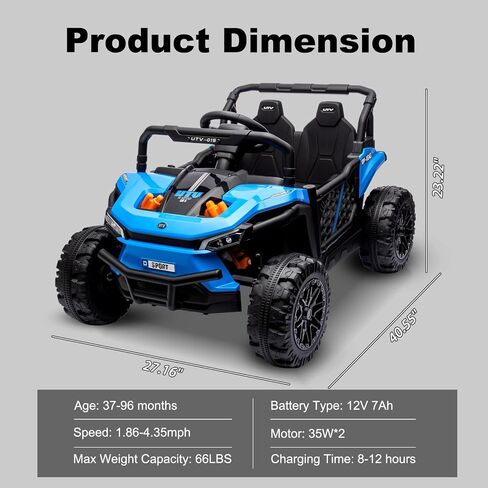 12V Electric UTV Car with Remote Control, Ride on Truck with Toy Storage, Spring Suspension, LED Headlights, Ride Cars w/4 Wheels, Ride on Toys for Boys Girls, Blue in Saudi Arabia