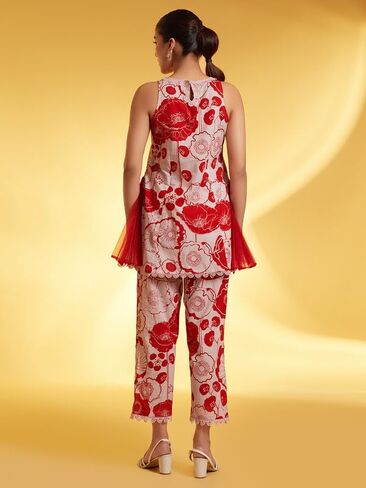 طقم كورتا بدون أكمام مع بنطال للنساء/البنات برقبة دائرية مطبوعة على الطراز الهندي من ذا لوم، توب كورتي مسحوق وردي وأحمر in Kuwait