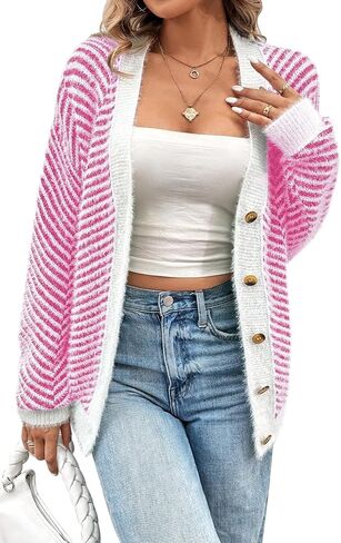 Pink Queen Women's Fuzzy Sweater Cardigans 2024 Long Sleeve Button Down Open Front Stripe Color Block Knit Cardigan Outerwear in Saudi Arabia