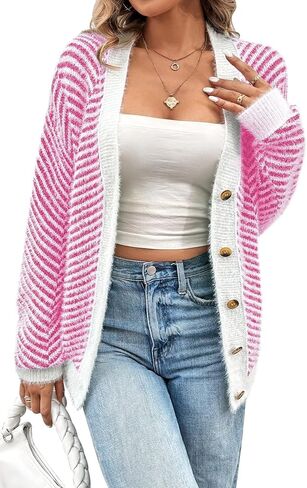 Pink Queen Women's Fuzzy Sweater Cardigans 2024 Long Sleeve Button Down Open Front Stripe Color Block Knit Cardigan Outerwear in Saudi Arabia