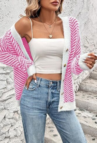 Pink Queen Women's Fuzzy Sweater Cardigans 2024 Long Sleeve Button Down Open Front Stripe Color Block Knit Cardigan Outerwear in Saudi Arabia