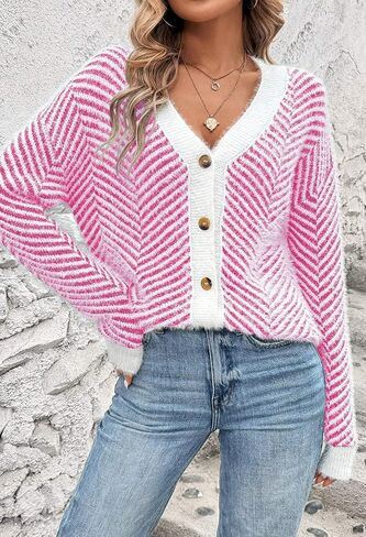 Pink Queen Women's Fuzzy Sweater Cardigans 2024 Long Sleeve Button Down Open Front Stripe Color Block Knit Cardigan Outerwear in Saudi Arabia