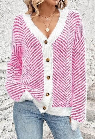 Pink Queen Women's Fuzzy Sweater Cardigans 2024 Long Sleeve Button Down Open Front Stripe Color Block Knit Cardigan Outerwear in Saudi Arabia