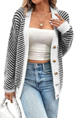 Pink Queen Women's Fuzzy Sweater Cardigans 2024 Long Sleeve Button Down Open Front Stripe Color Block Knit Cardigan Outerwear in Kuwait
