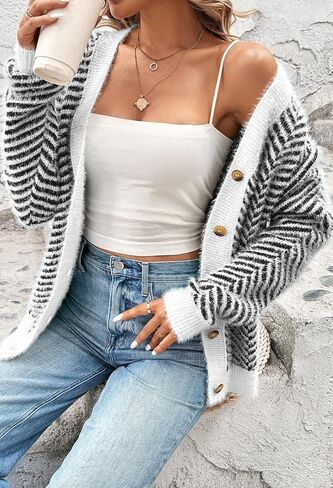 Pink Queen Women's Fuzzy Sweater Cardigans 2024 Long Sleeve Button Down Open Front Stripe Color Block Knit Cardigan Outerwear in Kuwait