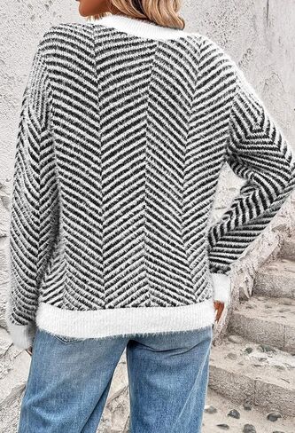 Pink Queen Women's Fuzzy Sweater Cardigans 2024 Long Sleeve Button Down Open Front Stripe Color Block Knit Cardigan Outerwear in Kuwait